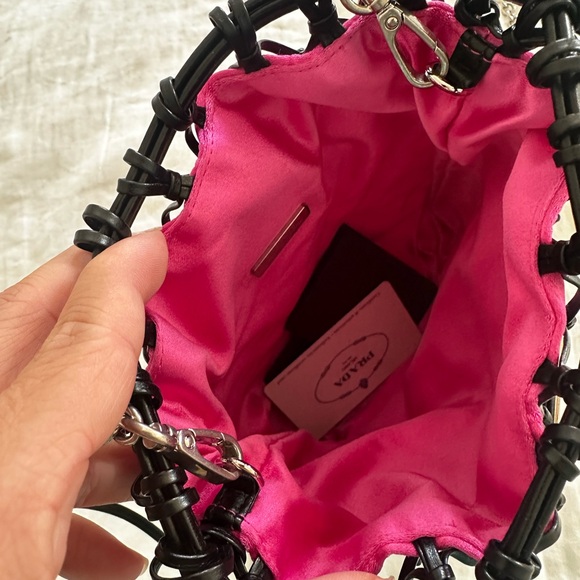 Prada Black Leather Net Woven Pink Satin Triangle Logo Drawstring Bag - Picture 7 of 7